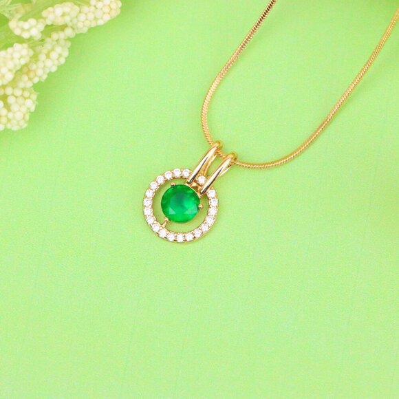 "Round Green Pendant with Halo Stones in Gold Finish for Elegant Look, XPPT1714 - Picture 12 of 13